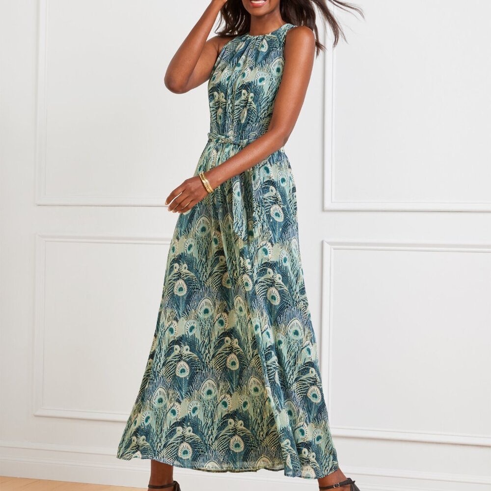 Talbots Women's Teal Blue Peacock Halter Maxi Dress with Metallic Accents Size 6